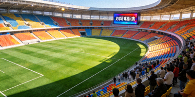 足球计算器比赛体育场全景，绿茵场与观众席